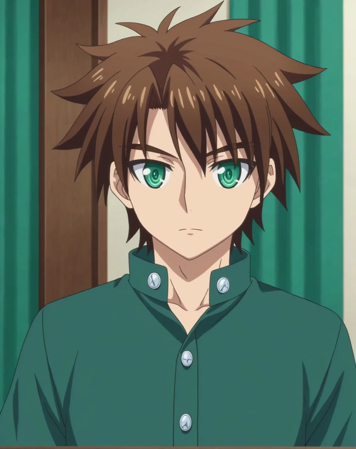 score_9, score_8_up, source_anime, anime screencap, original style, depth of field, BREAK, rating_safe, 1boy, solo, male focus, adult, <lora:toujou_basara_pony:1>, toujou_basara_pony, brown hair, green eyes, short hair, bangs, cowboy shot, gakuran, expresionless, standing, looking at viewer, facing viewer, <lora:sdxl_lightning_8step_lora:1>