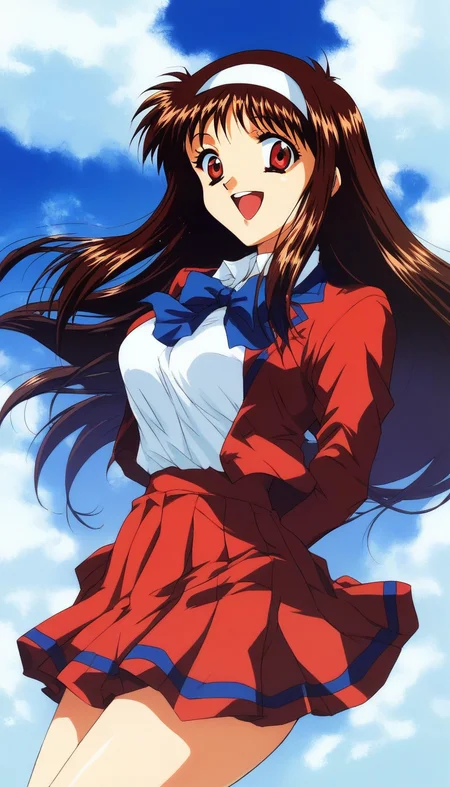 score_9, score_8_up, score_7_up, source_anime, rating_explicit, BREAK <lora:Yuuki_Mizuho_OVA_XL:1>1990s \(style\),anime coloring, 
Yuuki_Mizuho_OVA, 1girl,solo,long hair, brown hair, white hairband, red eyes, open mouth, blue ribbon, school uniform,red skirt, breasts, red blazer, outdoor, day, sky, school, smile,looking at viewer, cowboy_Shot,