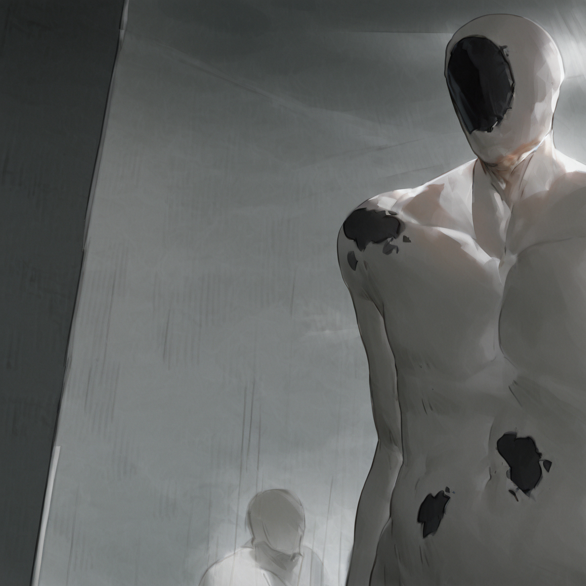<lora:Spot-05:1> Solo, 1boy, male focus, faceless, white body, faceless male, Spot, black spots,black spot mask, masterpiece, <lora:cutesexyrobutts_style_illustrious_goofy:1>,