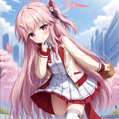 Best quality, ultra HD,source_anime, morizuki suzumi (from blue archive),1 girl, very cute,long pinkhair,side tail hair, basket ball outfit,pleated short skirt, stripped white Thigh high sock, relaxed face,flat expresion , holding white riffle,:o,city distric background