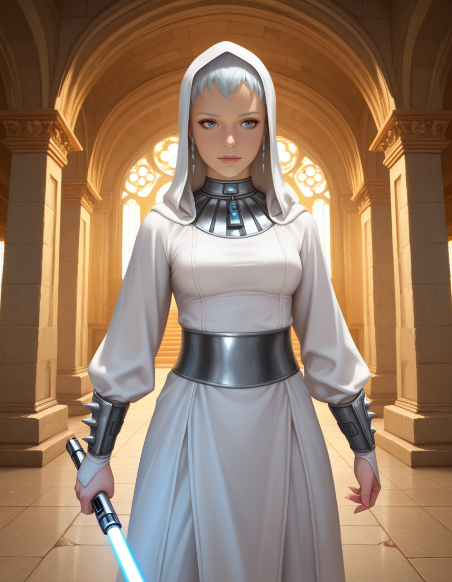 Masterpiece, high-res, 2k, best quality, 2.5d, realistic, 1 girl, Brianna handmaiden <lora:Brianna_Handmaiden_Illus-000034:1> holding a blue lightsaber, in a temple