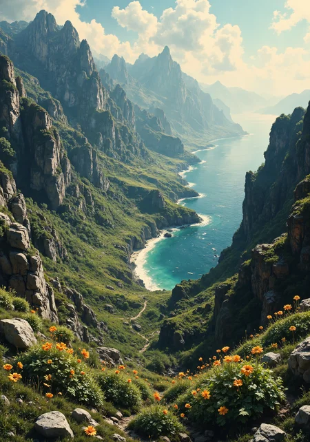 Expansive aerial rendition of a rugged mountain range seamlessly blended with a pristine, sunlit desert expanse, vibrant coastal cliffs, and intimate close-ups of dew-kissed wildflowers in an ancient, dense forest. Rich natural textures capture rolling hills, weathered rocky outcrops, and mysterious valley vistas, accented by intricate light gradients and dynamic low-angle perspectives. Sweeping tracking views reveal the harmonious interplay of bold color palettes, natural gradients, and ethereal atmospheres. 8k, masterpiece quality, photorealistic, high contrast, meticulous detail, epic spatial composition, vibrant environmental vibrance, and stunning natural finesse. <lora:flux_floralizer:0.7> <lora:reedy-art-style:0.2> <lora:CPA:0.8> <lora:Mezzotint_Artstyle_for_Flux_-_by_Ethanar:0.6> <lora:flux_dev:1>