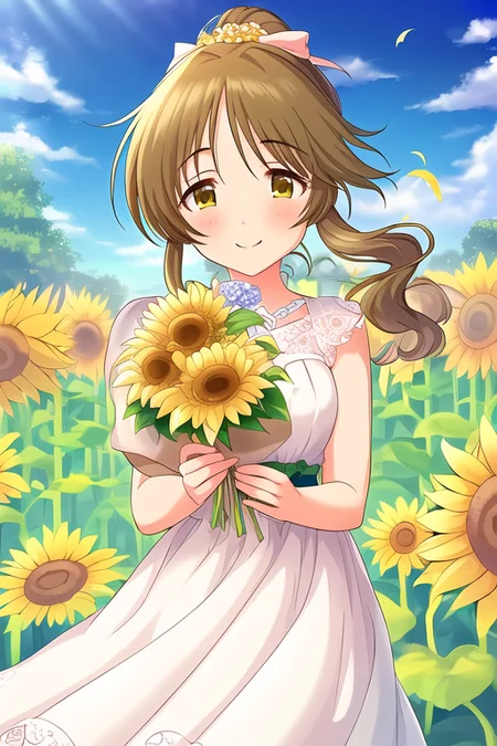 Takamori Aiko, 1girl, blue sky, blush, bouquet, brown hair, dress, flower, holding, holding bouquet, long hair, outdoors, ponytail, sky, smile, solo, sunflower, white dress
<lora:deresute-v1.2:1>