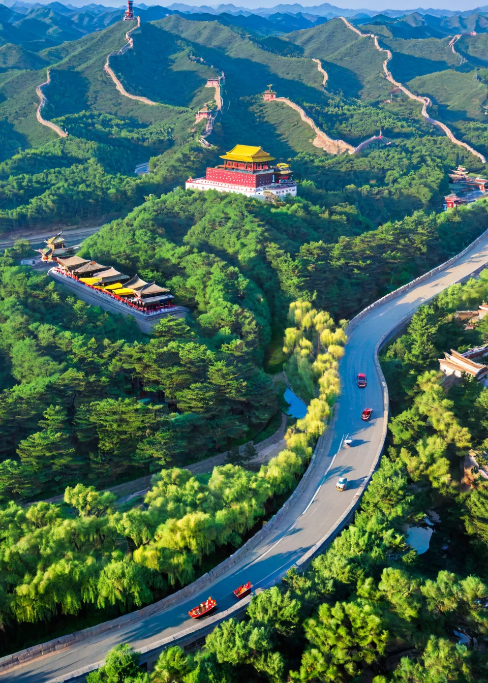 <lora:æ¿å¾·é¿æå±±åº:1>,Chengde Summer Resort,car,scenery,outdoors,ground vehicle,tree,motor vehicle,mountain,road,no humans,house,day,building,sky,nature,cloud,landscape,town,forest,city,cityscape,truck,from above,real world location,blue sky,street,hill,bridge,river,boat,, masterpiece, best quality,