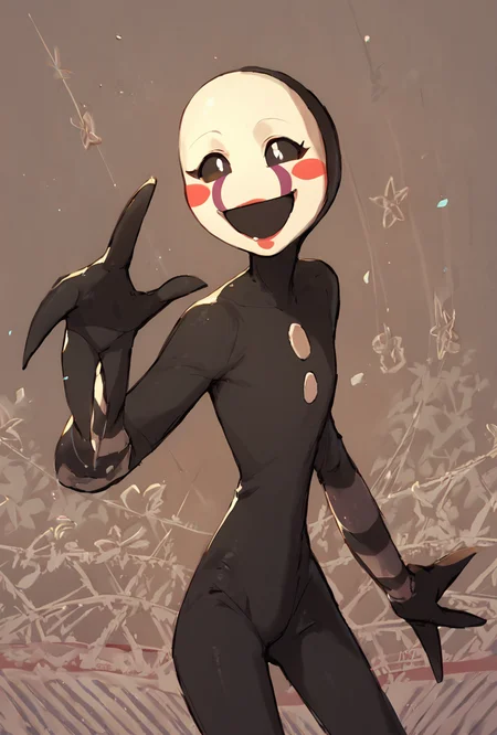 score_9, score_8_up, score_7_up, looking at viewer, smiling, <lora:puppet-10:1> puppet, solo, 1girl, mask, black bodysuit, smile, open mouth, blush stickers, striped