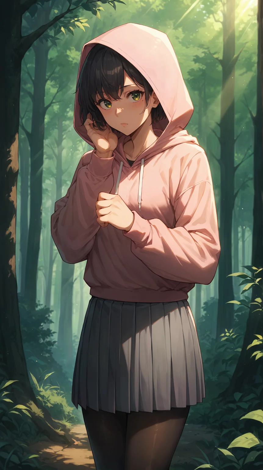 score_9,score_8_up,score_7_up,score_6_up, <lora:xl_more_art-full_v1:0.5>, source_anime, girl, dynamic pose, resting head on hands, <lora:Song-Yi Han - Pony-000004:0.7>, short hair, black hair, green eyes, mole under eye, hood up, pink hoodie, grey skirt, pleated skirt, black pantyhose, forest, light rays,