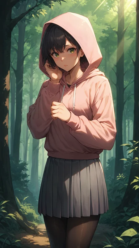 score_9,score_8_up,score_7_up,score_6_up, <lora:xl_more_art-full_v1:0.5>, source_anime, girl, dynamic pose, resting head on hands, <lora:Song-Yi Han - Pony-000004:0.7>, short hair, black hair, green eyes, mole under eye, hood up, pink hoodie, grey skirt, pleated skirt, black pantyhose, forest, light rays,