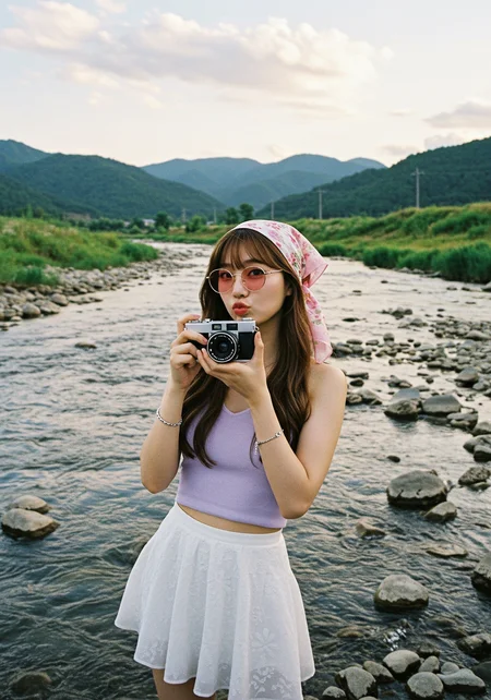 Shot on: Kodak Portra 800 film.

Model: Cute korean model with fair skin, long brown hair, wearing a stylish pastel outfit. She is holding the vintage camera at chest level, away from her face & looking directly at the lens, making a playful pout while looking at the camera.

Pose: Casual and relaxed. She holds the camera at arm’s length with elbows slightly bent, fingers gently wrapped around the camera, as if about to take a picture. Her lips are pursed, adding a playful expression.

Fashion-Specific Setting: A natural outdoor setting with a rocky riverbed, flowing water, green hills, and distant mountains in the background.

Camera Shot Type: Medium-full body shot, taken from a slightly lower angle.

Composition Technique: Rule-of-thirds positioning, with the model slightly off-center, allowing the background elements to balance the frame.

Depth of Field: Moderate (sharp focus on the model, slightly blurred background for depth).

Color Palette: Soft pastel tones with a mix of natural greens and warm golden hues in the sky. The outfit's pink, white, and floral colors complement the environment.

Lighting Style: Soft, natural daylight, possibly taken during the late afternoon or early evening. The light is diffused and warm, adding a serene mood.

Environment & Weather Conditions: A calm outdoor landscape with clear air, rolling hills, and a serene river. Some scattered clouds with a warm golden glow suggest late afternoon or early evening.

Outfit & Accessory Details: The model wears a sleeveless lilac V-neckline halter top, a shorts white flowy skirt, pink floral chiffon headscarf tied in a loose bow under Her Chin, pink cat-eye sunglasses with and a silver bracelet.

Geometric Elements: The curves of the flowing river contrast with the scattered angular rocks, and the rolling hills add depth to the image. The outfit's soft folds also create gentle geometric shapes.

Space: Well-balanced negative and positive space; the subject occupies a prominent position while the surrounding landscape provides context without overwhelming the frame.

Tone: Modern, trendy, and slightly nostalgic with a retro touch due to the vintage camera and headscarf.

Atmosphere: Playful, carefree, and travel-inspired, evoking a sense of adventure and appreciation for nature.