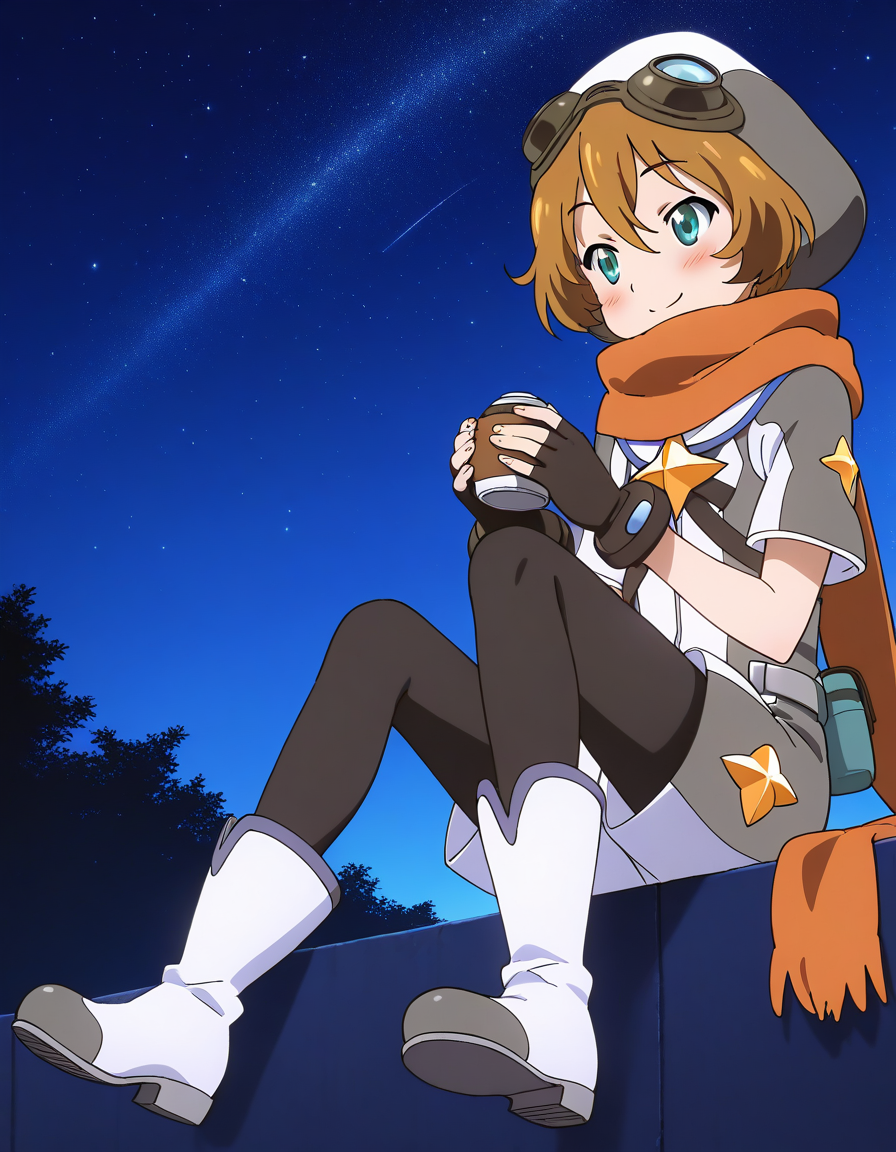 general,highres, ultra-detailed,very aesthetic,best quality ,best hands,  BREAK <lora:Elnath_Houkago_no_Pleiades_IS:1> Elnath(Pleiades), 1boy,solo, scarf, goggles, brown hair, goggles on head, short hair, aqua eyes, 
fingerless gloves,  pantyhose, long hair, gloves, night, smile, sitting,
white boots, outdoors, blush,   mary janesã
night, star sky,