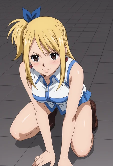score_9, score_8_up, score_7_up, anime screencap, BREAK, 1girl, solo, <lora:DX888Lucy:1> lucy heartfilia, brown eyes, one side up, blue ribbon, sleveless shirt, earrings, BREAK smile, blush, Crouched, ready to spring, hands on ground dark gray background, simple background, grid background,