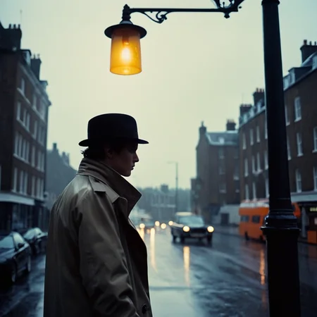 cinematic film still of <lora:perfection style:0.5> <lora:detailed:0.5> perfection detailed
<lora:Clockwork Orange film style:0.9>
In a futuristic dystopian Britain a man in a hat and trench coat is standing on a lamp post,solo,1boy,hat,male focus,boots,rain , cinematic, film, kodak, Clockwork Orange film style, shallow depth of field, vignette, highly detailed, high budget, bokeh, cinemascope, moody, epic, gorgeous, film grain, grainy