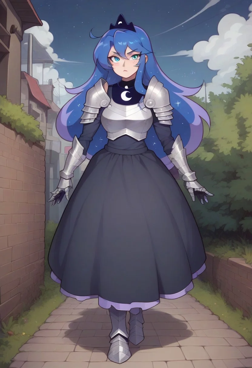 score_9, score_8_up, score_7_up, score_6_up, (humanized, human), 1girl,, (princess luna), (black hair), hair in front of shoulders, long hair, ((freckles)), anatomically correct, medium breasts, photo_realistic:1.5, high resolution, ,serious face, lidded eyes, detailed background,(outside, on a hill, ((night time)), soft glow, moonlit scene), big eyes, armored gloves, skin tight dress, (armored skirt, chestplate armor), looking at viewer, standing, armored boots, fit, toned, fit midriff, full body, front view, freckles on shoulders, ((((very tall)))), ((covered in scars, scars on torso, scars on arms, scars on legs)), scar on cheek, (solo), many scars