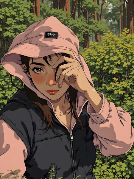 Vibrant and detailed illustration of a person standing in a lush, green forest. The individual has long, dark hair that falls over their shoulders, adding to the overall sense of movement and texture. They are wearing a pink bucket hat with a black emblem on the front, which adds a touch of style and character.
The person is dressed in a black jacket with a zipper, which complements their outfit and adds to the overall sense of adventure and exploration. Their expression is serious and focused, with their gaze directed towards the viewer, creating a direct and engaging connection.
The background features tall trees and dense foliage, suggesting a natural and serene setting. The lighting in the image is soft and natural, highlighting the texture of the person's clothing and the details of the surrounding environment.
Overall, this illustration captures a moment of quiet beauty and intensity, with the combination of the person's attire, the soft lighting, and the detailed rendering creating a visually engaging and emotionally resonant scene. The use of color and composition adds depth and character to the artwork, making it a powerful and evocative piece.
j_art, anime, anime art, <lora:FLUX\jul\J_Anime:1.0>, <lora:FLUX\Anime Art V3:0.1>, <lora:FLUX\RM_Artistify_v1.0M:0.1>, <lora:FLUX\RetroAnimeS1.1:0.1>