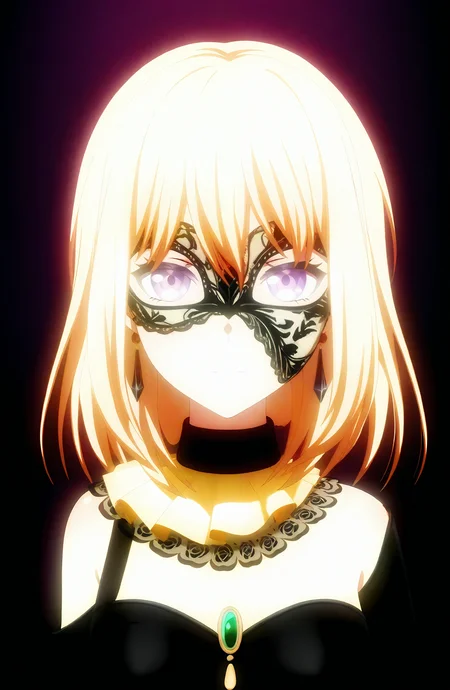 1girl, solo, looking_at_viewer, blonde_hair, closed_mouth, jewelry, purple_eyes, earrings, mask