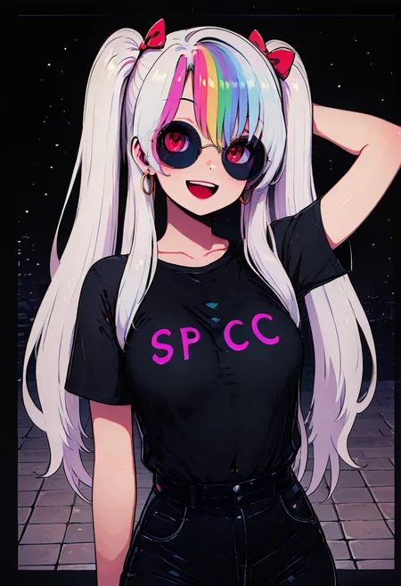 masterpiece, best quality, 1girl, solo, eyelashes, (beautiful eyes), zzRoxyCitronOC, 1girl, solo, red eyes, white hair, rainbow hair, long hair, streaked hair, hair between eyes BREAK, smile, black, shirt, short sleeves, :d, hair bow, heart, cowboy shot, earrings, shorts, teeth, pants, arm up, red bow, black shirt, upper teeth only, border, sunglasses, t-shirt, arm behind head, hoop earrings, round eyewear, shirt tucked in, black border, print shirt, tinted eyewear, <lora:RoxyCitronOC_IXL_v3:0.8>, ,<lora:80sPopStyle_IXL_v1:1.0>,