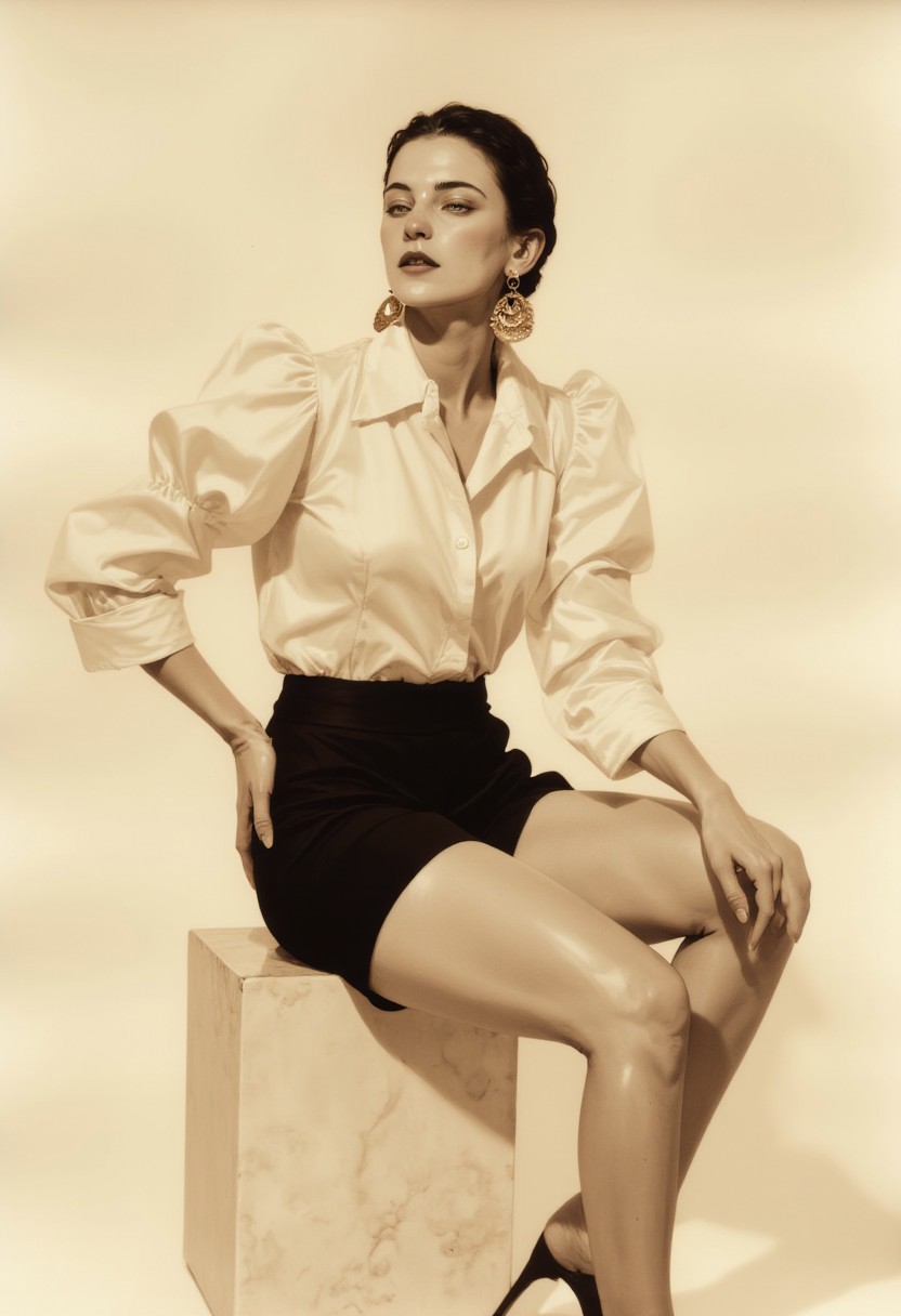 **High-fashion illustration with an elegant, vintage aesthetic, rendered in warm sepia tones. A poised woman sits gracefully on a simple white marble pedestal against a plain, light beige background, emphasizing her refined attire and delicate features. She wears a voluminous white satin blouse with exaggerated puffed sleeves cascading down her arms, the silky fabric catching soft light. The blouse pairs with a high-waisted black velvet skirt, cinching her waist tightly and creating a dramatic contrast, the plush texture of the velvet complementing the blouse’s sheen. Her light skin is accentuated by bold makeup—deep red lips and dramatic eye makeup highlighting her striking features. Large, ornate gold earrings drape down to her shoulders, adding opulence. Her dark hair is arranged in an elegant updo, with delicate strands framing her face. She maintains a relaxed yet poised posture, her head slightly tilted back, eyes closed, exuding serene confidence. Her left hand rests gently on her thigh, while her right arm bends at the elbow, fingers placed delicately on her knee. The entire composition, bathed in rich sepia hues, evokes the essence of classic Hollywood glamour, enhancing the timeless sophistication of the scene.**