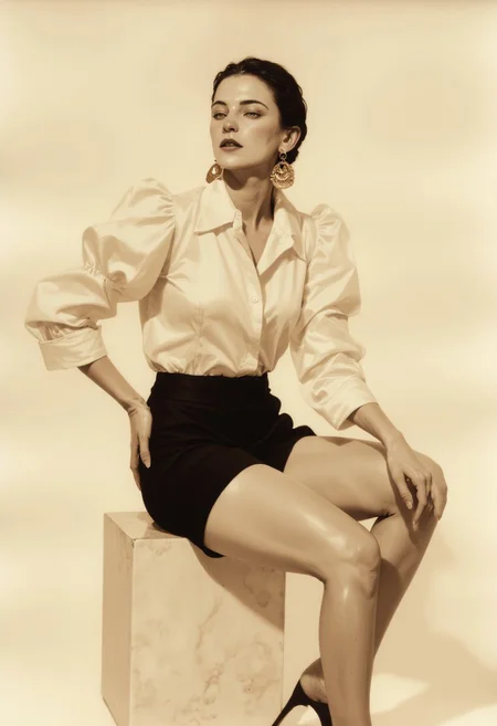 **High-fashion illustration with an elegant, vintage aesthetic, rendered in warm sepia tones. A poised woman sits gracefully on a simple white marble pedestal against a plain, light beige background, emphasizing her refined attire and delicate features. She wears a voluminous white satin blouse with exaggerated puffed sleeves cascading down her arms, the silky fabric catching soft light. The blouse pairs with a high-waisted black velvet skirt, cinching her waist tightly and creating a dramatic contrast, the plush texture of the velvet complementing the blouse’s sheen. Her light skin is accentuated by bold makeup—deep red lips and dramatic eye makeup highlighting her striking features. Large, ornate gold earrings drape down to her shoulders, adding opulence. Her dark hair is arranged in an elegant updo, with delicate strands framing her face. She maintains a relaxed yet poised posture, her head slightly tilted back, eyes closed, exuding serene confidence. Her left hand rests gently on her thigh, while her right arm bends at the elbow, fingers placed delicately on her knee. The entire composition, bathed in rich sepia hues, evokes the essence of classic Hollywood glamour, enhancing the timeless sophistication of the scene.**