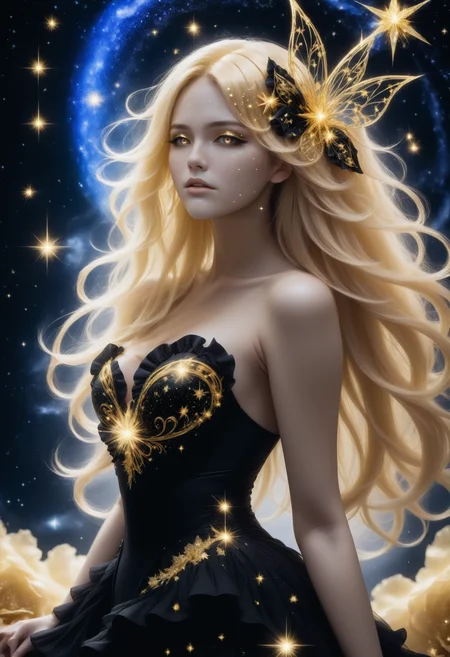 side view, close up, anime style, 2d,1woman in a black ruffled dress, golden stardusted melt, starHC, Haute Couture fashion style, stardust hair accessoire <lora:starHC-000003:0.9>