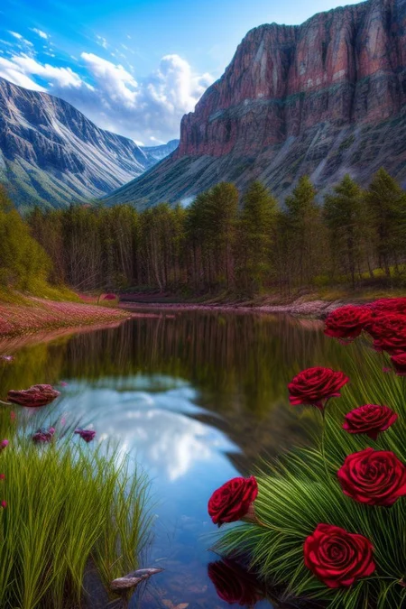 masterpiece, best quality, ultra-detailed, realistic, 8k, pine tree, flowers fields, many kinds of flowers, a couple of rabbits on very distant, lakes, meadows, grass, glitter on top, daytime, sunlight, cloudy, some birds fly in the sky over long distances, out-of-this-world scenery, lifelike, naturalism, greatest naturalism photo, immaculate detailed realism photography, rich colors, best colors perfect composition, perfect colors, colorful, clear photo, intrigue nature panorama, delicate nature photo, immaculate micro-details nature elements, (out-of-this-world scenery:1.23), beautiful landscape, beautiful flowers, crystal fantastic, breathtaking beautiful nature,  unmatched beauty nature, more nature elements, rich nature elements, (emphasize a big glasses reflects the natural scenery in great detail:1.37), a big glasses on above the rock, (viewing scenery from a big glasses, a bunch of small red roses are scattered around the big glasses, perfect scenery views from the big glasses, perfect dynamic angles for viewing the scenery from the big glasses:1.37), (pikachu is seen flying on a witch's broomstick:1.37), aesthetic, artistic style, surreal, insanely lifelike, top best naturalism photography, greatest detailed, intricate nature details background, depth of field, no human, detailerlora,