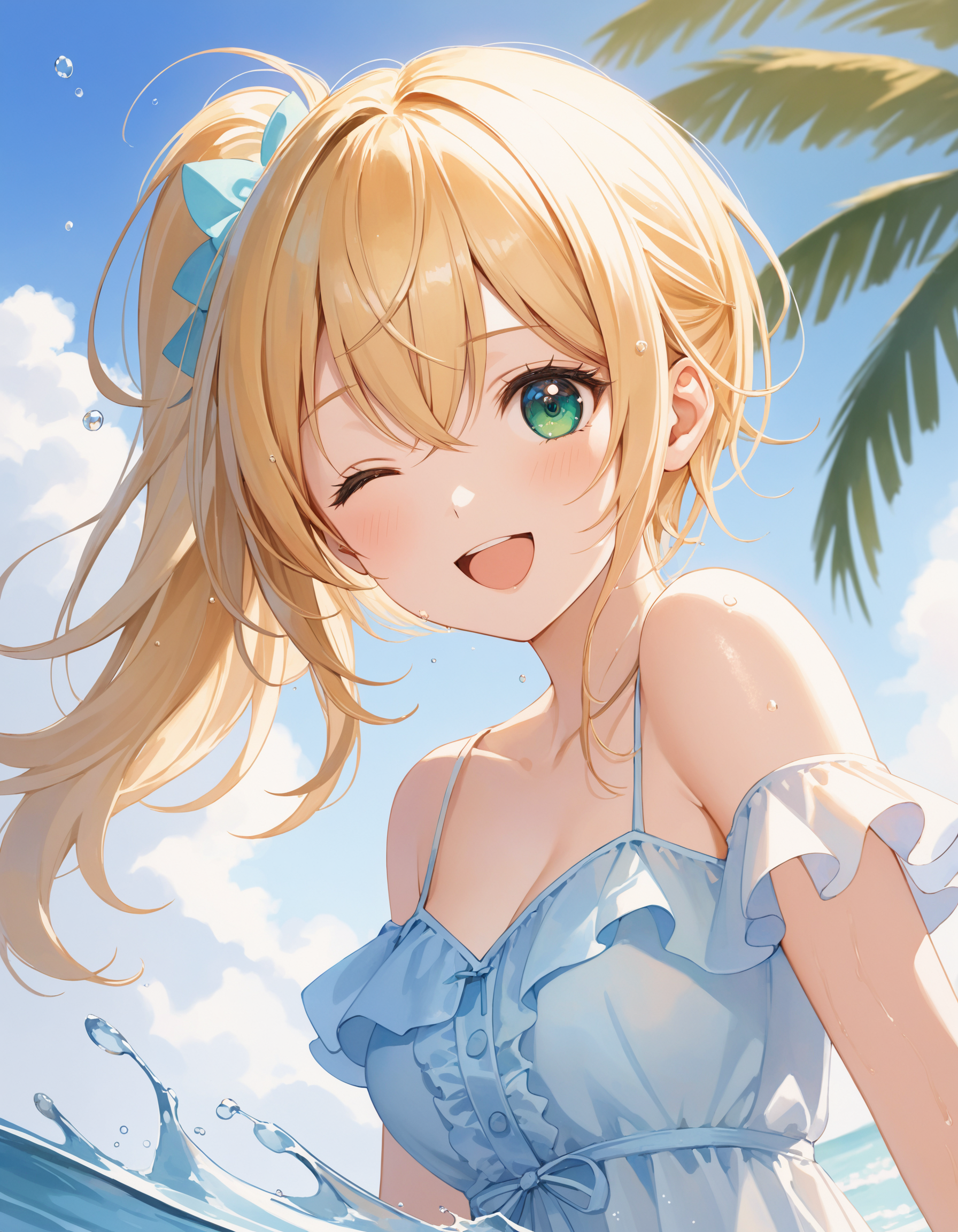 SceneDescription:
  - Composition: Upper body shot. Cinematic angle.
  - Subject: A cute girl.
    - Characteristics:
      - Face: (Cute round face:1.2).
      - Eyes: Detailed green eyes. (One eye closed:1.25).
      - Hair: Medium hair, (side ponytail:1.1), blonde hair, ahoge and hair between eyes.
      - Body: Detailed slender body. Medium breasts.
      - Clothing: White chiffon sundress and ruffled short sleeves.
        - Elements: Wet overflow. Wet hair. Wet body. Wet dress.
      - Expression: Amused expression. Open mouth.
      - Posing: Dynamic pose. Looking at viewer. (Put in water:1.2).
  - Background: Fashionable beach.
    - Elements: Palm tree. Blue sky. Clear sky.
Time: Daytime.
Season: Summer.
Lighting: (Sunbeam:1.4).
ArtStyle: Watercolor. Traditional media.
Quality: Intricate details. Extremely detailed. Outstanding intricacies. (Masterpiece:1.2). (Best quality:1.2). (Absurdres absolutely resolution:1.4).
Mood: Serene atmosphere.