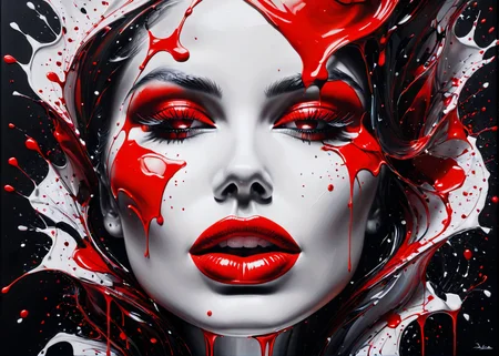 (acrylic painting:1.1), Lips with lipstick like liquid shiny red paint, flowing, dripping, tempting shot, white skin, black background, highly detailed, glamour, (only uses 256 different shades in total), (brush strokes:0.6), high contrast, (paint drips:0.5), stark, (dripping paint0.5), (splatters:0.5), (dramatic:0.4), (photorealistic:0.2), <lora:paintmgc:0.5> paintmgc, red paint,
 <lora:MS_AcrylicArt_V1_SDXL:0.8> acrylic_painting, painting, brush strokes, paint drops, paint splatter