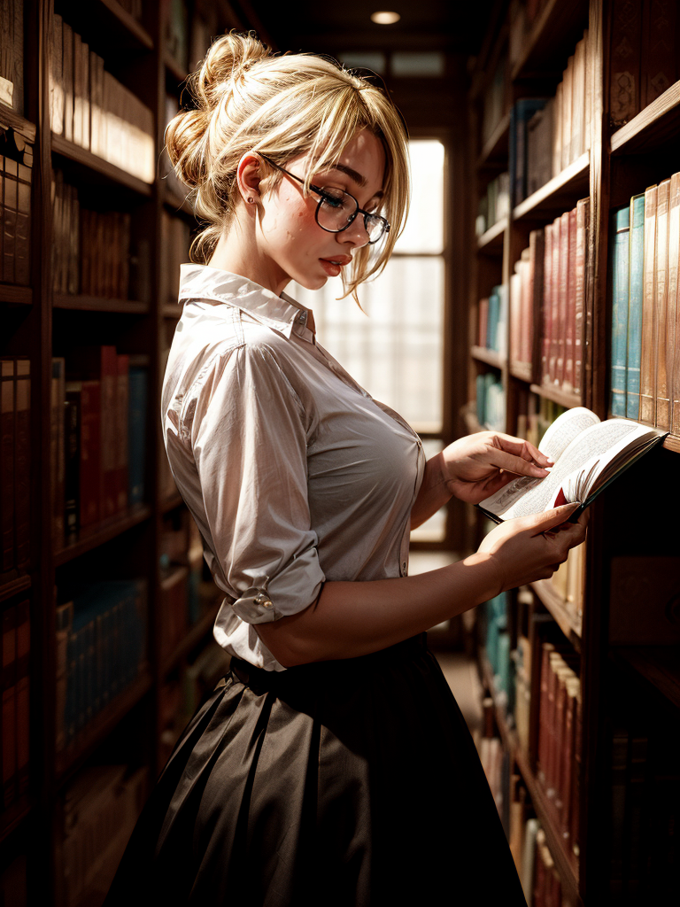 <lora:Raiou_Style:0.5> big lips, thick lips, 1girl, blonde hair, hair bun,  round eyewear, (freckles:0.5), library, librarian, collared shirt, long skirt, aqua eyes, name tag, from side, reading, half-closed eyes, 
masterpiece, best quality, intricate detail,
<lora:contrast_slider_v10:3> <lora:backlight_slider_v10:-1> <lora:add_sharpness:1> <lora:add_detail:1>   <lora:weight_slider_v2:0.5>