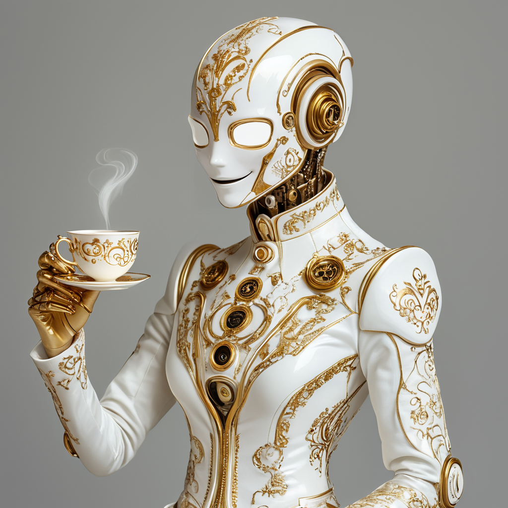 <lora:Rococo_Steampunk_SDXL:1> ArsMJStyle, Rococo Steampunk,  The image shows a woman in a white and gold suit holding a cup of coffee. She has a human face and is wearing a white dress., solo, teacup, cup, holding, saucer, upper body, holding cup, smile, simple background, grey background, 1girl