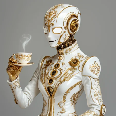 <lora:Rococo_Steampunk_SDXL:1> ArsMJStyle, Rococo Steampunk, The image shows a woman in a white and gold suit holding a cup of coffee. She has a human face and is wearing a white dress., solo, teacup, cup, holding, saucer, upper body, holding cup, smile, simple background, grey background, 1girl