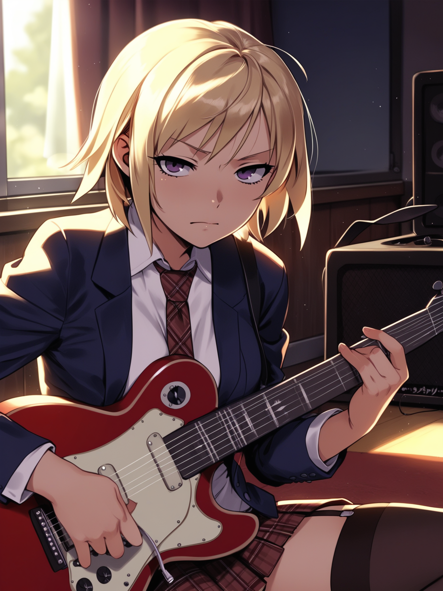 <lora:happy_tentacle-lovebeat-v0.2-000036:1>, ht_lovebeat, blonde hair, purple eyes, collared shirt, blazer, pleated skirt, plaid skirt, plaid necktie, garter straps, thighhighs, knee boots, lace-up boots, school yard, playing instrument, holding instrument, guitar, amplifier , 1girl, solo, upper body , half-closed eyes , ( flustered :1), , looking at viewer , standing , facing viewer , score_9, score_8_up, score_7_up, score_6_up, score_5_up, score_4_up