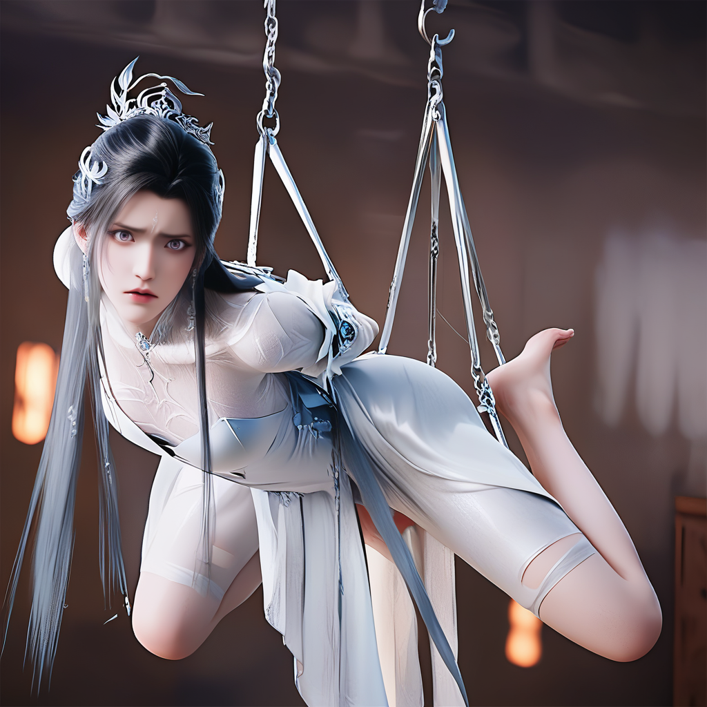 score_9,score_8,score_7_up,source_real,real skin,break,luxueqi,suspension,bound_wrists, white and silver dress,the clothes were torn,<lora:ponyluxueqi2v:1>,afraid,the background is a prison,barefoot,