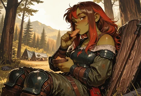 1girl, solo, looking at viewer,
green-skinned_orc, muscles,
brown hair, red_highlights_hair, multicolored_hair,
sidelocks, long hair, female_orc, 
bare-shoulder, war-paint,
freckles, sit, reclined,
armor, eating,

off-balance stance, dynamic composition,

pastel,
grunge,
blurred_background,
fantasy, medieval fantasy, camp,
outside, forest, distant_cliffs,
cel-shaded,

Kenorland, kenorland, artist:moriimee, 748cmstyle, Bl3th3bn3_Styl3_SKNSFW,