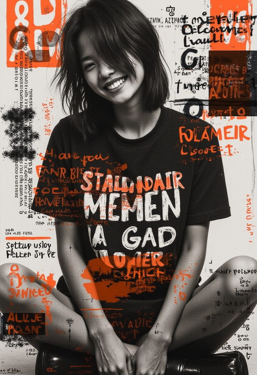 A young woman with a rocker edge sits casually, confidently smiling. She wears a grunge-inspired T-shirt with a striking print—bold, distressed typography skillfully blended with chaotic textures, abstract shapes, and faded graphic elements. The design feels raw and authentic, embodying the rebellious spirit of grunge culture. Her messy hair slightly falls over her face, and her smudged makeup adds to her effortlessly cool look.