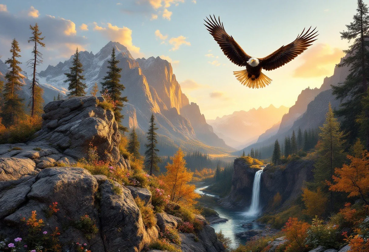 In the warm light of sunset, a majestic eagle soars overhead as the American wilderness unfolds before us. A rugged rocky outcrop, adorned with vibrant wildflowers, overlooks the serene river winding through the valley below. The forest's towering trees, their leaves tinged with autumn's warm hues, stretch towards the sky. A cascading waterfall feeds into the river, its gentle melody a symphony of nature. In the background, snow-capped peaks rise majestically, bathed in the golden light of sunset, their mirrored reflections rippling across the tranquil waters.
The rocky outcrop's rough texture is juxtaposed with the delicate petals of the wildflowers, while the forest's intricate foliage and the eagle's soft plumage contrast with the river's smooth surface. The warm lighting casts a soft glow on the landscape, inviting contemplation and awe. Every element contributes to a harmonious composition that celebrates the grandeur and tranquility of this vast, untamed wilderness.