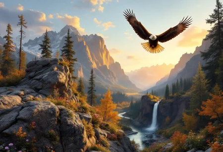 In the warm light of sunset, a majestic eagle soars overhead as the American wilderness unfolds before us. A rugged rocky outcrop, adorned with vibrant wildflowers, overlooks the serene river winding through the valley below. The forest's towering trees, their leaves tinged with autumn's warm hues, stretch towards the sky. A cascading waterfall feeds into the river, its gentle melody a symphony of nature. In the background, snow-capped peaks rise majestically, bathed in the golden light of sunset, their mirrored reflections rippling across the tranquil waters.
The rocky outcrop's rough texture is juxtaposed with the delicate petals of the wildflowers, while the forest's intricate foliage and the eagle's soft plumage contrast with the river's smooth surface. The warm lighting casts a soft glow on the landscape, inviting contemplation and awe. Every element contributes to a harmonious composition that celebrates the grandeur and tranquility of this vast, untamed wilderness.