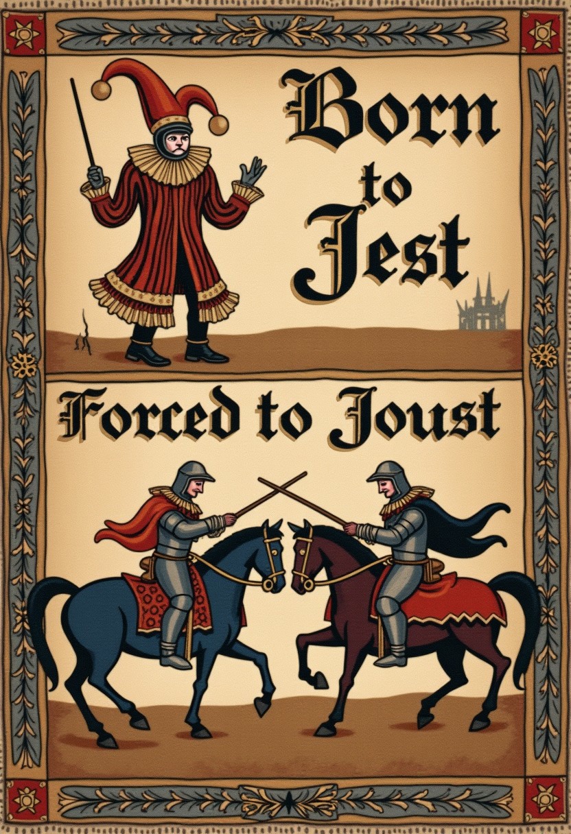 A two-panel image split horizontally in the style of a 9th-century Scottish tapestry. The top panel features a sad court jester holding a flute, with medieval-style letters above him that spell out "Born to Jest." The bottom panel shows two medieval knights charging at each other on horseback with lances, in traditional jousting armor. Below this panel, the text reads "Forced to Joust" in medieval lettering. 
