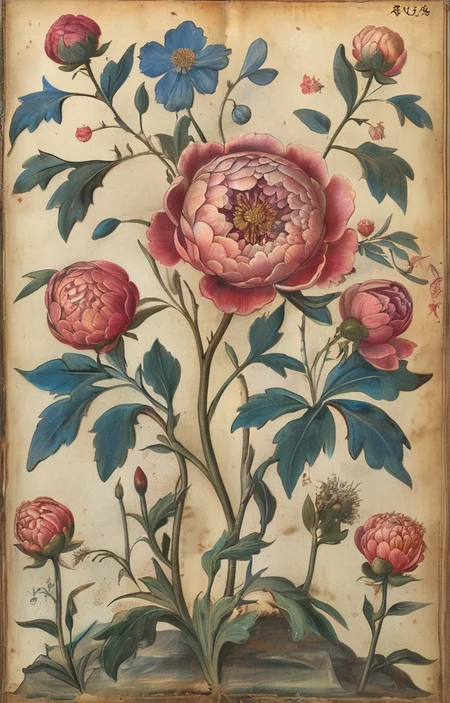 masterpiece,best quality,<lora:tbh294-sdxl:0.9>,illustration,style of Illuminated manuscript decaying peonies
