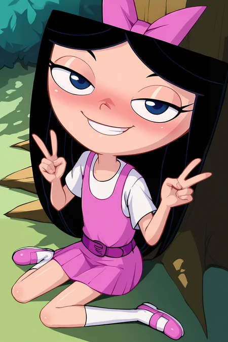 score_9, score_8_up, score_7_up, score_6_up, BREAK, IsabellaPFPXL, blue eyes, black hair, long hair, hair bow, pink bow, flat chest, white shirt, pink dress, purple belt, pink skirt, white socks, pink shoes, solo, sitting, above view, peace sign, seductive smile, looking at viewer, naughty face, nose blush, forest, tree <lora:IsabellaPFPXL:1>