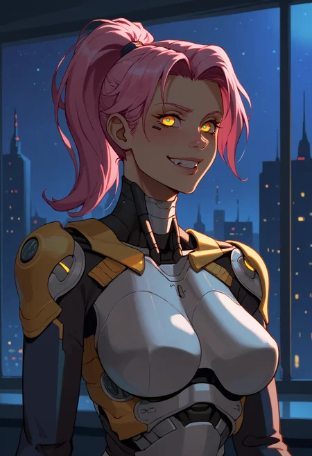 score_9, score_8_up, score_7_up, (extreme closeup, portrait:1.4), highly detailed, mechanical jaw, 1girl, mature female, medium breasts, tall, skinny, futuristic, window, city at night, at night, ponytail, pink hair, [fangs], light smile, dreamy eyes, armor, pink and yellow color scheme, melancholy,
 <lora:ArmorPunkV3-000002:1>, arm0rpunk