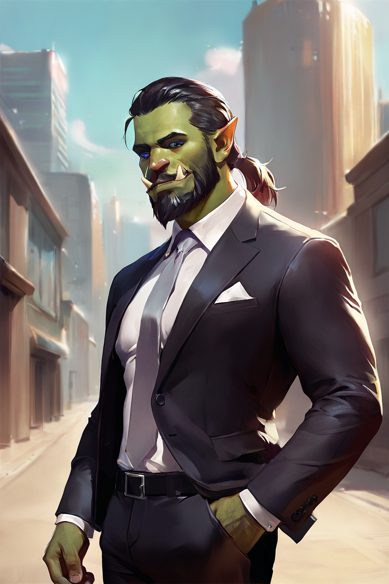 masterpiece, best quality, highres, newest, concept art, digital art, realistic, orc, green skin, tusks, facial hair, beard, mustache, medium hair, black hair, hair slicked back, ponytail, blue eyes, formal, black suit, suit, white shirt, collared shirt, grey necktie, long sleeves, black pants, muscular, 1boy, solo, male focus, mature male, smile, looking at viewer, cowboy shot, standing, outdoors, city, building <lora:Pink Dreams [LoRA] - NoobAI-XL EPS 1.0:0.8>