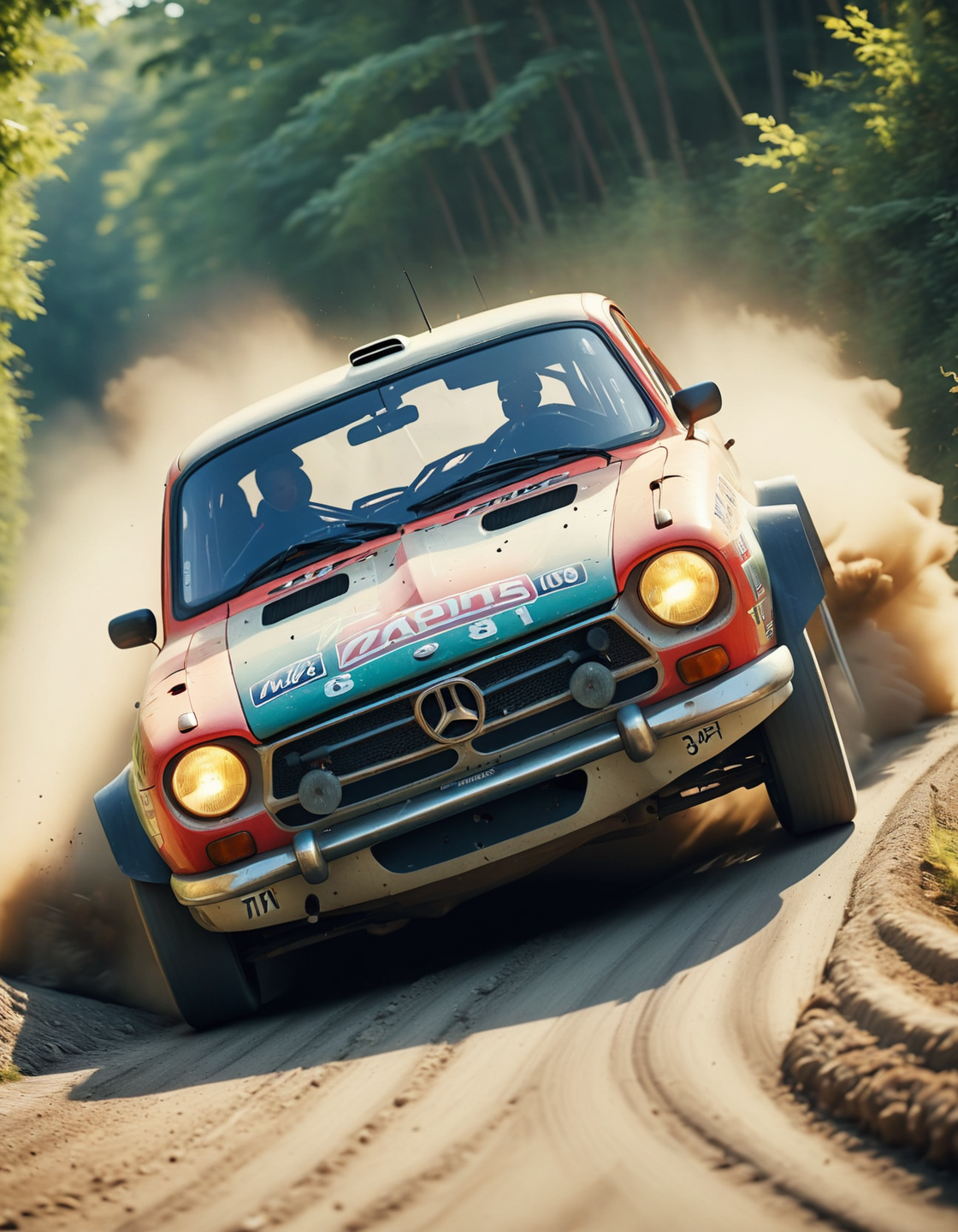 Rally car drifting around a tight corner, gravel spraying out., (cinematic color grading lighting vintage realistic film grain scratches celluloid analog cool shadows warm highlights soft focus actor directed cinematography technicolor :1.3)