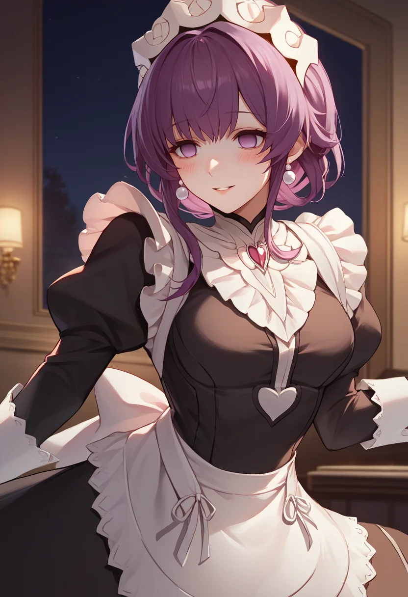 score_9, score_8_up, score_7_up, source_anime BREAK 1girl, solo, <lora:kafka-hsr-richy-v1_pdxl:1> kfka, purple eyes, purple hair, bangs, sidelocks, earrings, <lora:fatesmaid-fe-richy-v1_pdxl:0.8> fates maid, maid headdress, smile, parted lips, blush, empty eyes, maid apron, black thighhighs