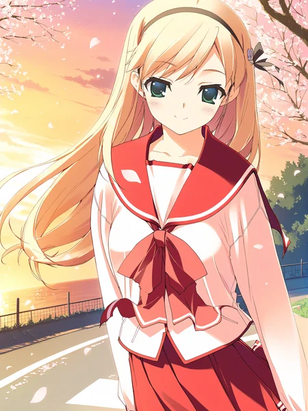 masterpiece, best quality, high quality, aesthetic, absurdres, insanely detailed,
1girl, solo, school uniform, long hair, blonde hair, cherry blossoms, serafuku, tree, dutch angle, hair ribbon, long sleeves, red ribbon, skirt, smile, outdoors, bow, wind, green eyes, v arms, sunset, petals, hairband, pleated skirt, blush, looking at viewer, black pantyhose, red skirt, blue eyes, white hair, black ribbon, nature, pink theme, wavy hair,
<lora:kawata-hisashi-style-xl_v1.0:1>