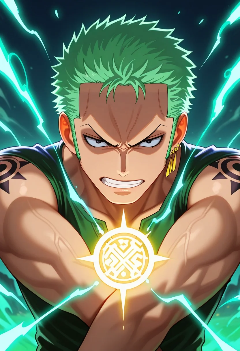masterpiece, best quality, intricate details, (realistic:0.6), , 1boy, solo, male focus, <lora:zoro_roronoa_ilxl:0.96>, zoro_roronoa, green hair, black eyes, short hair, , sideburns, , , magical battlefield, glowing spells, ancient runes, swirling mist, dueling pose, fierce expression, enchanted light,