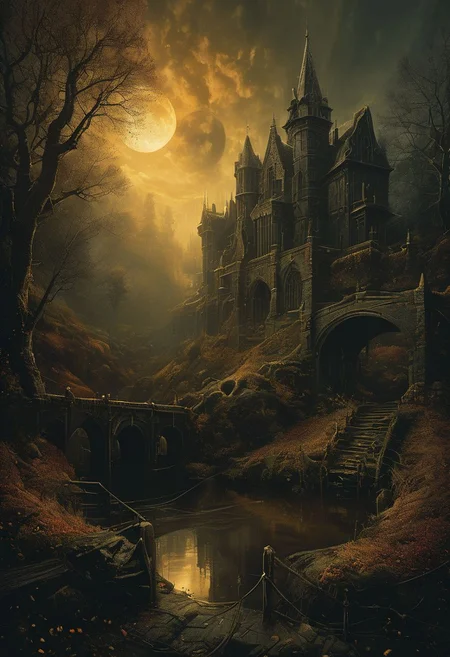gothic style (masterpiece, best quality, hyper detailed, ultra realistic, 32k) rustic pond, rolling hills scattered with trees, autumn, sunset, sharp focus, intricate, detailed illustration, beautiful color palette, incredible details, high contrast, high dynamic light, perfect composition and chiaroscuro by Rembrandt, concept art, by Jarek Kubicki, by Raphael Lacoste, John Pitre, Karine Eibatova, by Ralph Blakelock, by Julie Bell, by Jim Warren, by Aleksey Savrasov . dark, mysterious, haunting, dramatic, ornate, detailed, silver moon,
<lora:The_Dark_Side_Of_The_Future:0.8>,