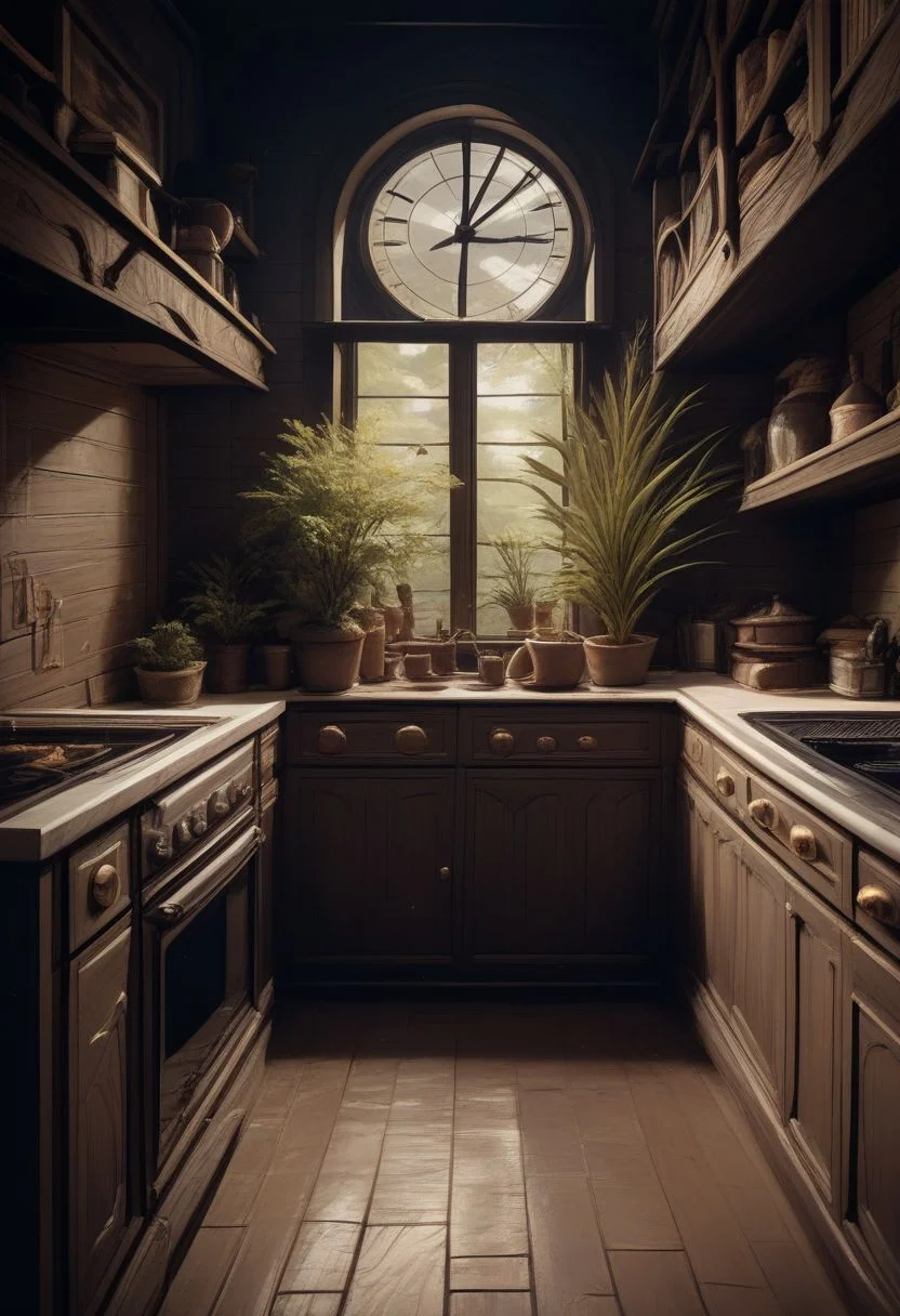 score_9, score_8_up, score_8,
BREAK,
zzDarkAcademia, no humans, window, bottle, plant, wooden floor, stairs, door, clock, potted plant, lamp, shelf, painting (object), cabinet, spiral stairs, kitchen,
BREAK,
subsurface scattering, soft lighting, contemplative expression, dark background, subtle makeup, high-resolution, detailed texture, emotional depth, dramatic mood, side profile, serene atmosphere, cinematic lighting. perfectly round breasts, big breasts, firm breasts, SkinHairDetail, eye contact