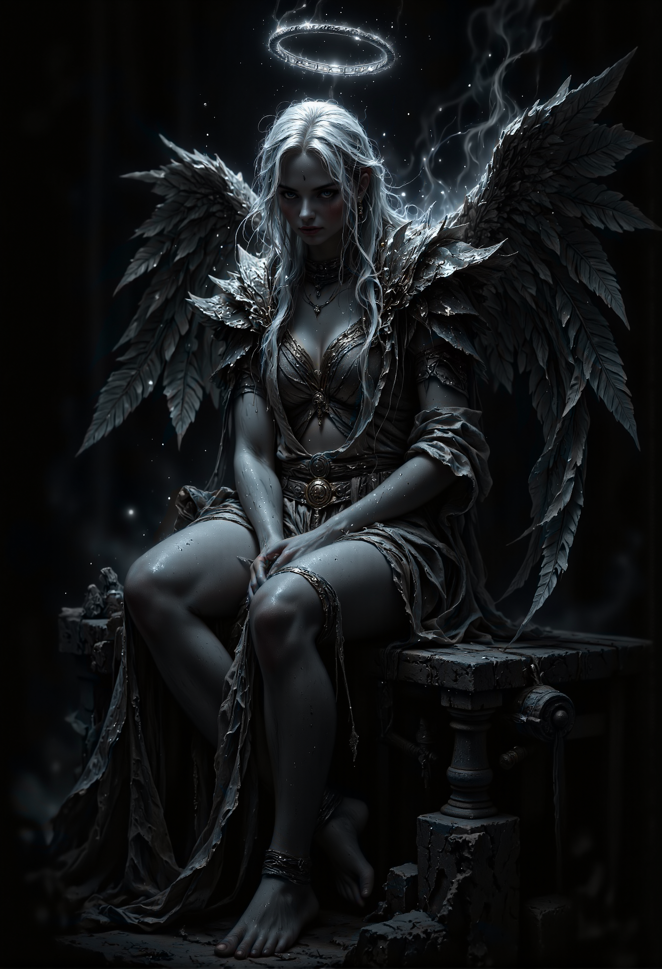 Create a hauntingly beautiful portrait of a fragile yet serene angel seated in a dark, unlit room. The atmosphere is heavy with shadows, with almost the entire scene obscured in deep blackness. The only source of light is the angelâs faintly glowing halo, casting a soft, ethereal illumination that barely outlines the angelâs delicate features and fragile form. The glow reveals faint details of flowing robes and feathered wings, but much remains hidden, emphasizing the mystery and stillness of the moment. The composition is minimalist, with the darkness dominating the frame, allowing the gentle light of the halo to create a quiet, otherworldly contrast, focusing all attention on the angel's tranquil presence. <lora:Midjourney_Dreamlike_Fantasy_FLUX_LoRA.safetensors:0.2>, <lora:flux_sparklycism.safetensors:0.5>,   <lora:fantasy-flux-v1.safetensors:1.0>,  <lora:MysticFantasy.safetensors:0.7>,  <lora:aidmaGLOW-FLUX-V0.1.safetensors:0.5>,