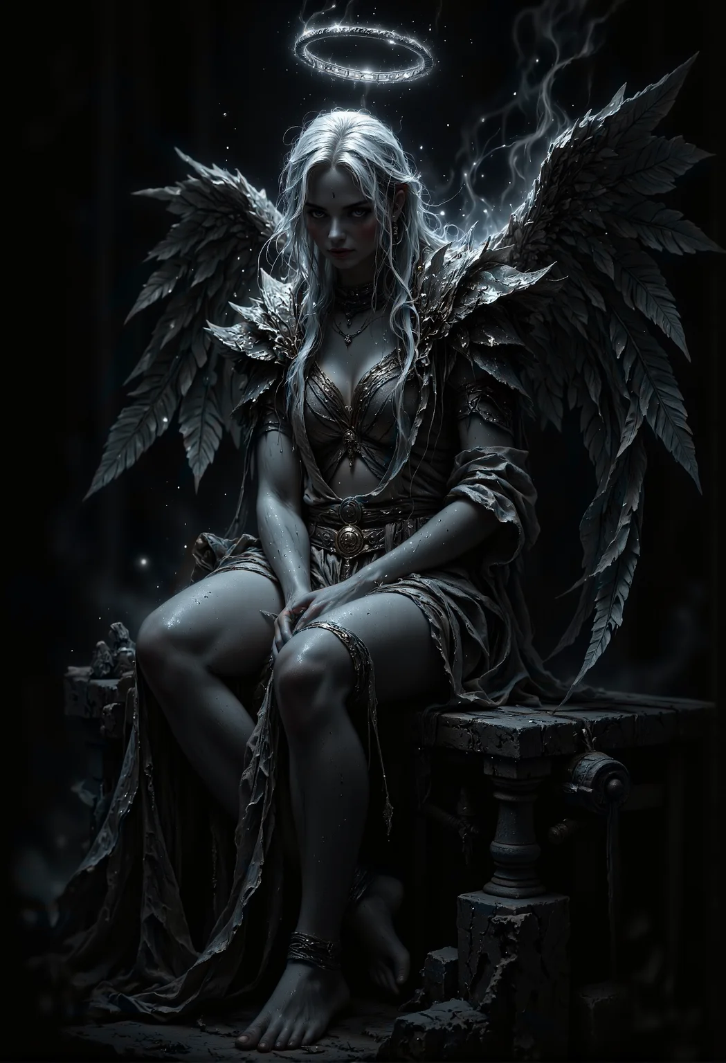 Create a hauntingly beautiful portrait of a fragile yet serene angel seated in a dark, unlit room. The atmosphere is heavy with shadows, with almost the entire scene obscured in deep blackness. The only source of light is the angelâs faintly glowing halo, casting a soft, ethereal illumination that barely outlines the angelâs delicate features and fragile form. The glow reveals faint details of flowing robes and feathered wings, but much remains hidden, emphasizing the mystery and stillness of the moment. The composition is minimalist, with the darkness dominating the frame, allowing the gentle light of the halo to create a quiet, otherworldly contrast, focusing all attention on the angel's tranquil presence. <lora:Midjourney_Dreamlike_Fantasy_FLUX_LoRA.safetensors:0.2>, <lora:flux_sparklycism.safetensors:0.5>, <lora:fantasy-flux-v1.safetensors:1.0>, <lora:MysticFantasy.safetensors:0.7>, <lora:aidmaGLOW-FLUX-V0.1.safetensors:0.5>,