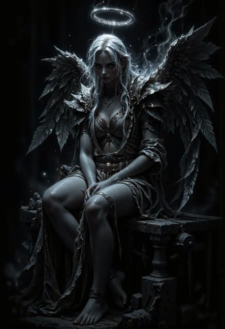 Create a hauntingly beautiful portrait of a fragile yet serene angel seated in a dark, unlit room. The atmosphere is heavy with shadows, with almost the entire scene obscured in deep blackness. The only source of light is the angelâs faintly glowing halo, casting a soft, ethereal illumination that barely outlines the angelâs delicate features and fragile form. The glow reveals faint details of flowing robes and feathered wings, but much remains hidden, emphasizing the mystery and stillness of the moment. The composition is minimalist, with the darkness dominating the frame, allowing the gentle light of the halo to create a quiet, otherworldly contrast, focusing all attention on the angel's tranquil presence. <lora:Midjourney_Dreamlike_Fantasy_FLUX_LoRA.safetensors:0.2>, <lora:flux_sparklycism.safetensors:0.5>, <lora:fantasy-flux-v1.safetensors:1.0>, <lora:MysticFantasy.safetensors:0.7>, <lora:aidmaGLOW-FLUX-V0.1.safetensors:0.5>,