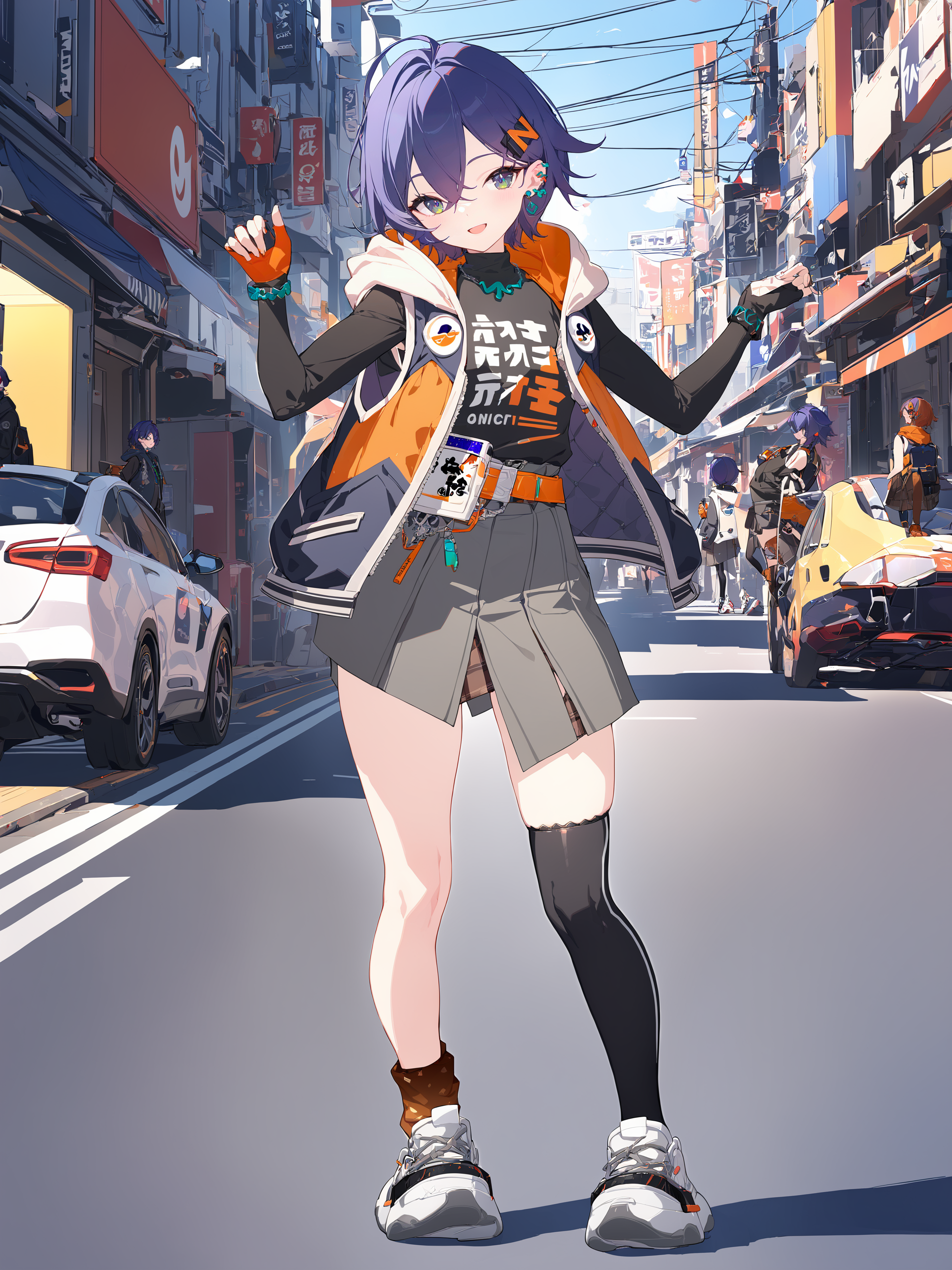 masterpiece, best quality, perfect features, intricate details, ray tracing, very aesthetic, (hitenkei, askzy:0.5), 1girl, belle \(zenless zone zero\), solo, single fingerless glove, black shirt, single thighhigh, earrings, hairclip, sneakers, layered skirt, single sock, sleeveless jacket, asymmetrical legwear, necklace, bracelet, looking at viewer, smiling, open mouth, street, outdoors, depth of field, standing, full body  <lora:Char-ZZZ-Belle-XL-V1:1>
