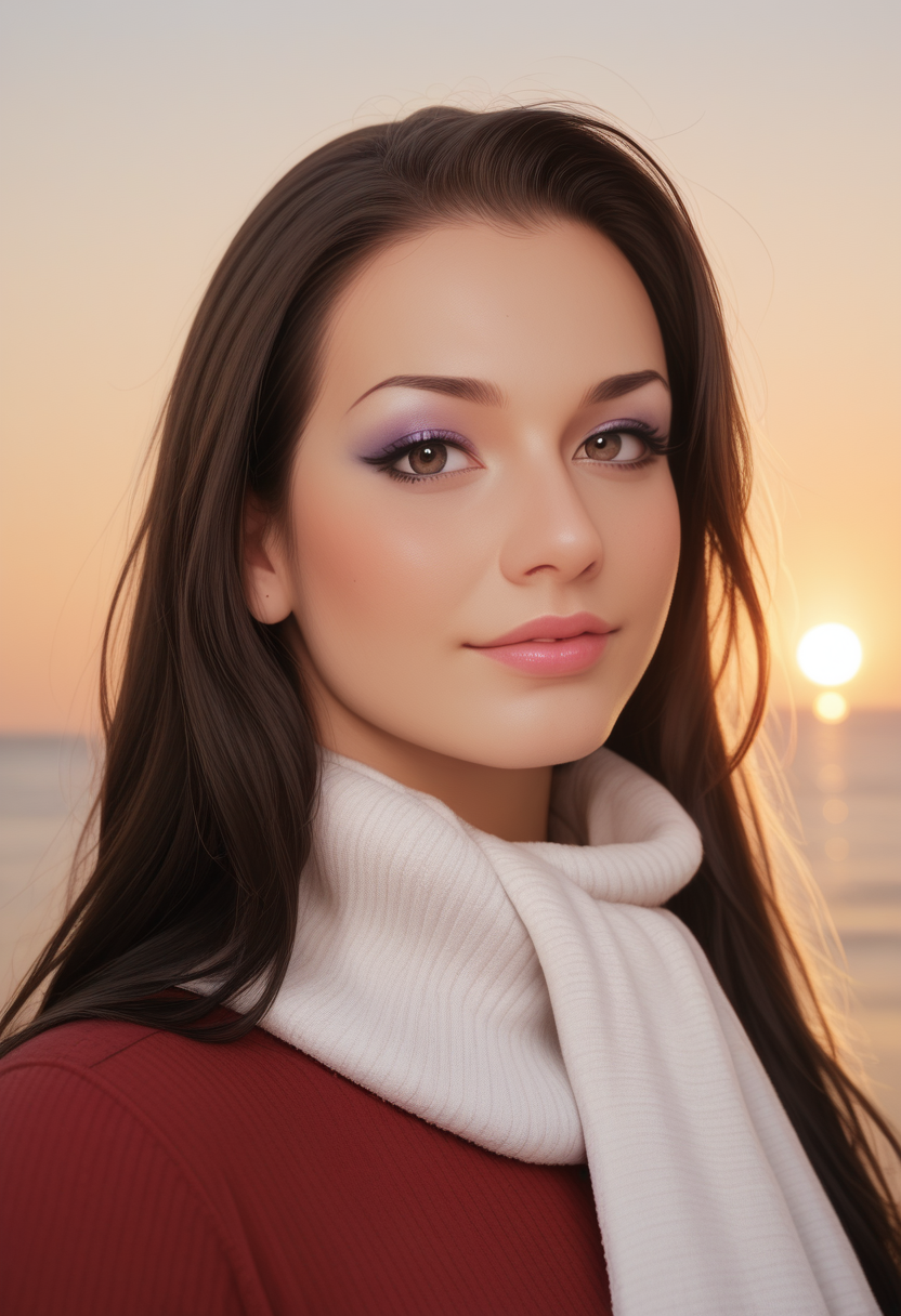 score_9, score_8_up, score_7_up, K4l3n4Rios, Kalena Rios, <lora:K4l3n4Rios-000008-pony:1>, BREAK
1girl, (olive skin), skin pores, 8k, skin texture, details, makeup, lips, long hair, white scarf, sweater, portrait, solo, looking at viewer, bokeh, focus, film, ektachrome, beachside, sunset, magic hour, artistic, best quality, photograph, focus